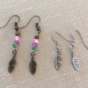 Hand Crafted 2 Pair Feather Earrings Brass and Silver Toned